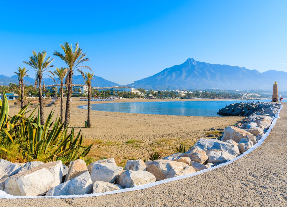 View,Of,Beautiful,Beach,With,Palm,Trees,In,Marbella,Near